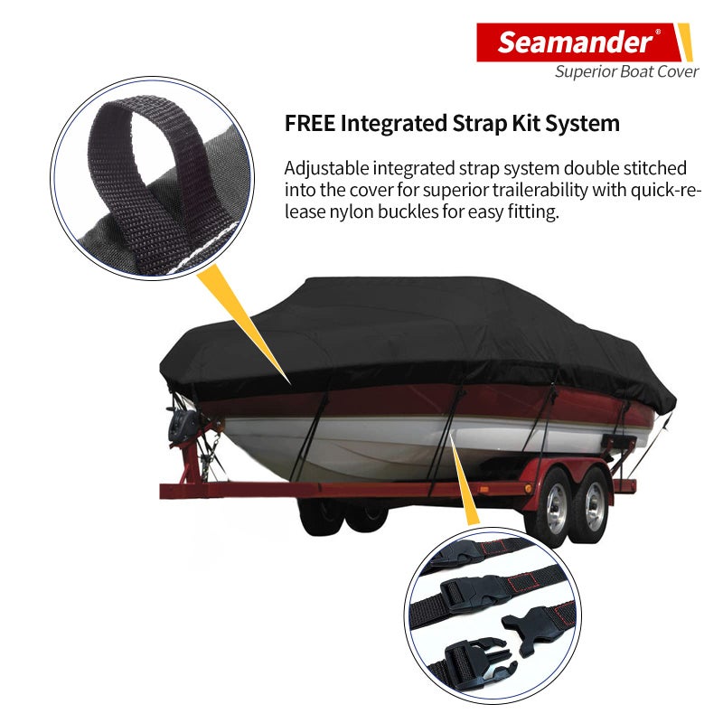 Seamander Waterproof Boat Cover, Solution-Dyed Yarn Marine Grade Cover Fits 12' to 14' ft Bass, V-Hull, Tri-Hull, Fish & Ski, Runabout Bowrider Boats - Heavy Duty Canvas Black - Image 5